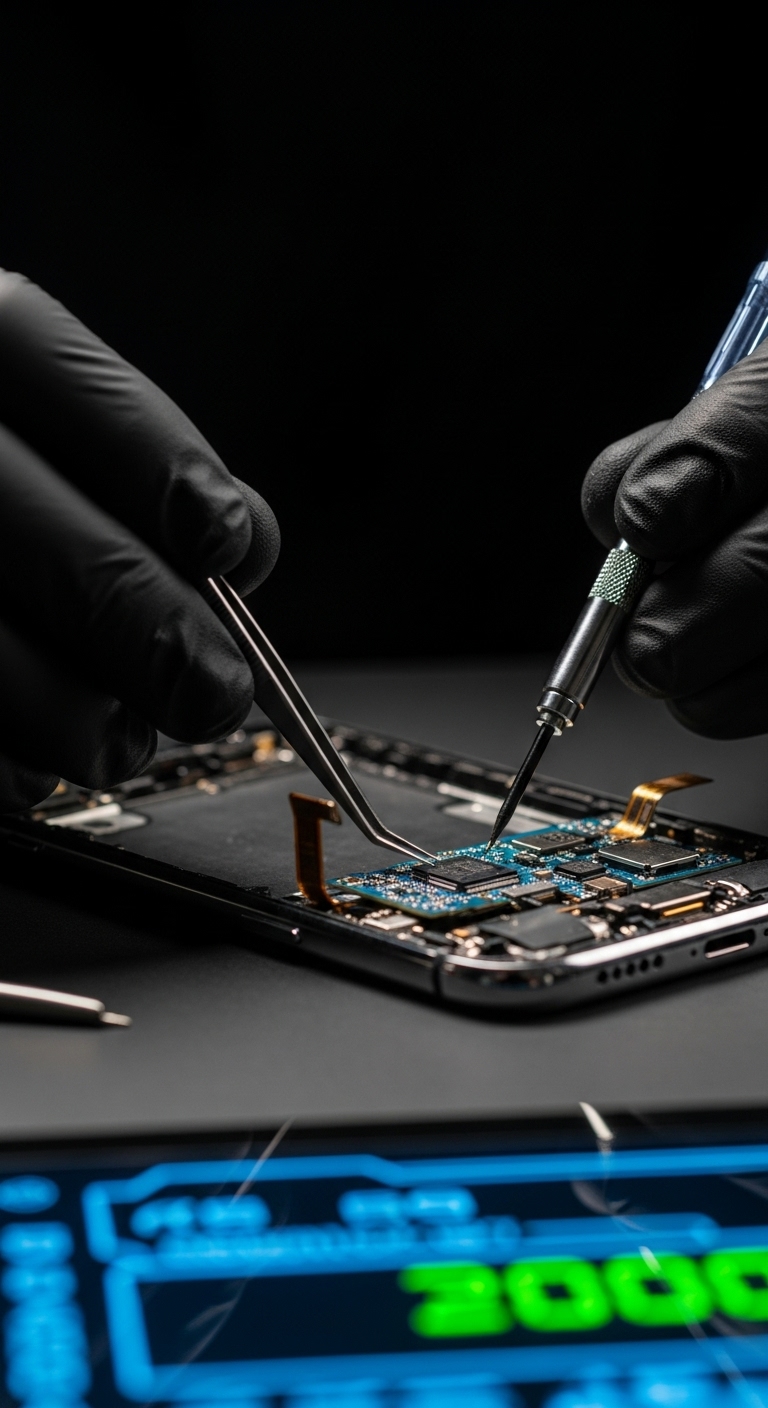 Technician working on a smartphone repair with precision tools